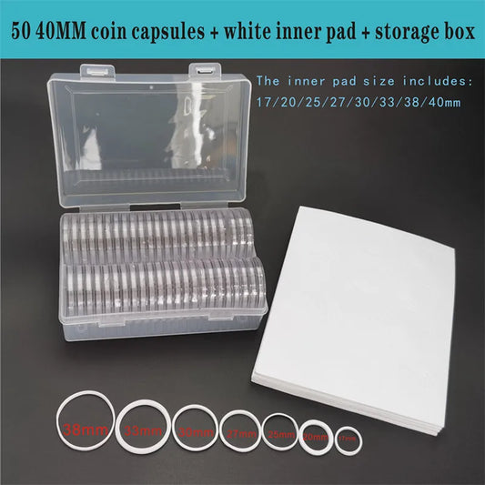 Silver Dollar Storage Box with 50 Round Coin Capsules – 40mm Protective Case for Commemorative Coins & Medals