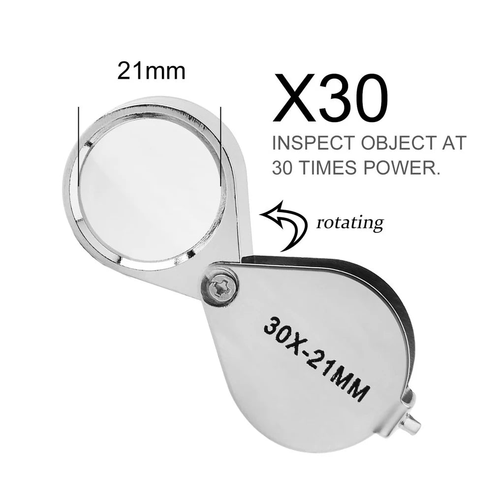 10x, 20x, 30x Pocket Folding Jewelry Loupe – Mini Triplet Magnifying Glass for Diamond &amp; Gemstone Inspection