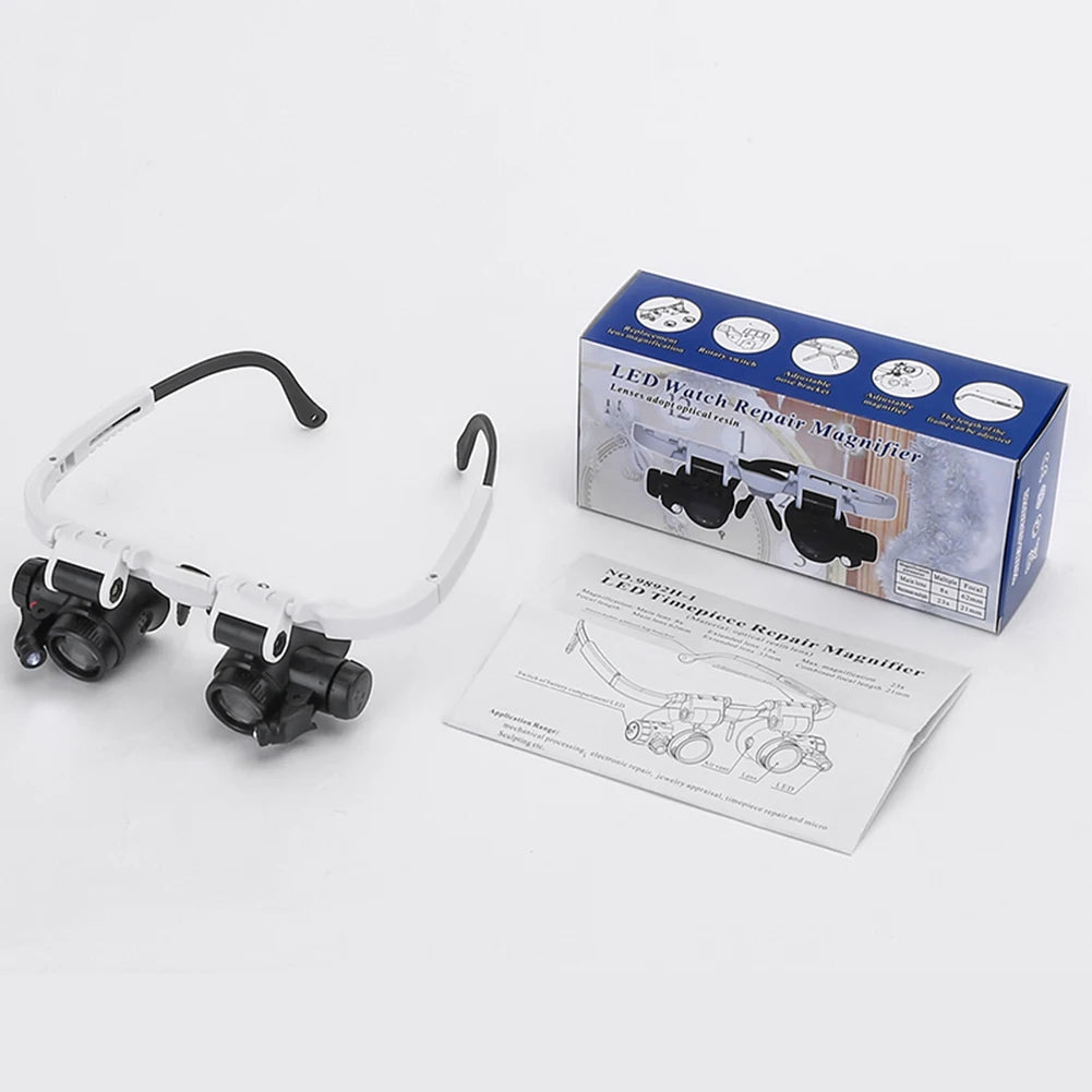 2x LED Watch Repair Magnifier Glasses – 8X, 15X, 23X Telescopic Lenses with LED Lights for Jewellery Inspection & Reading