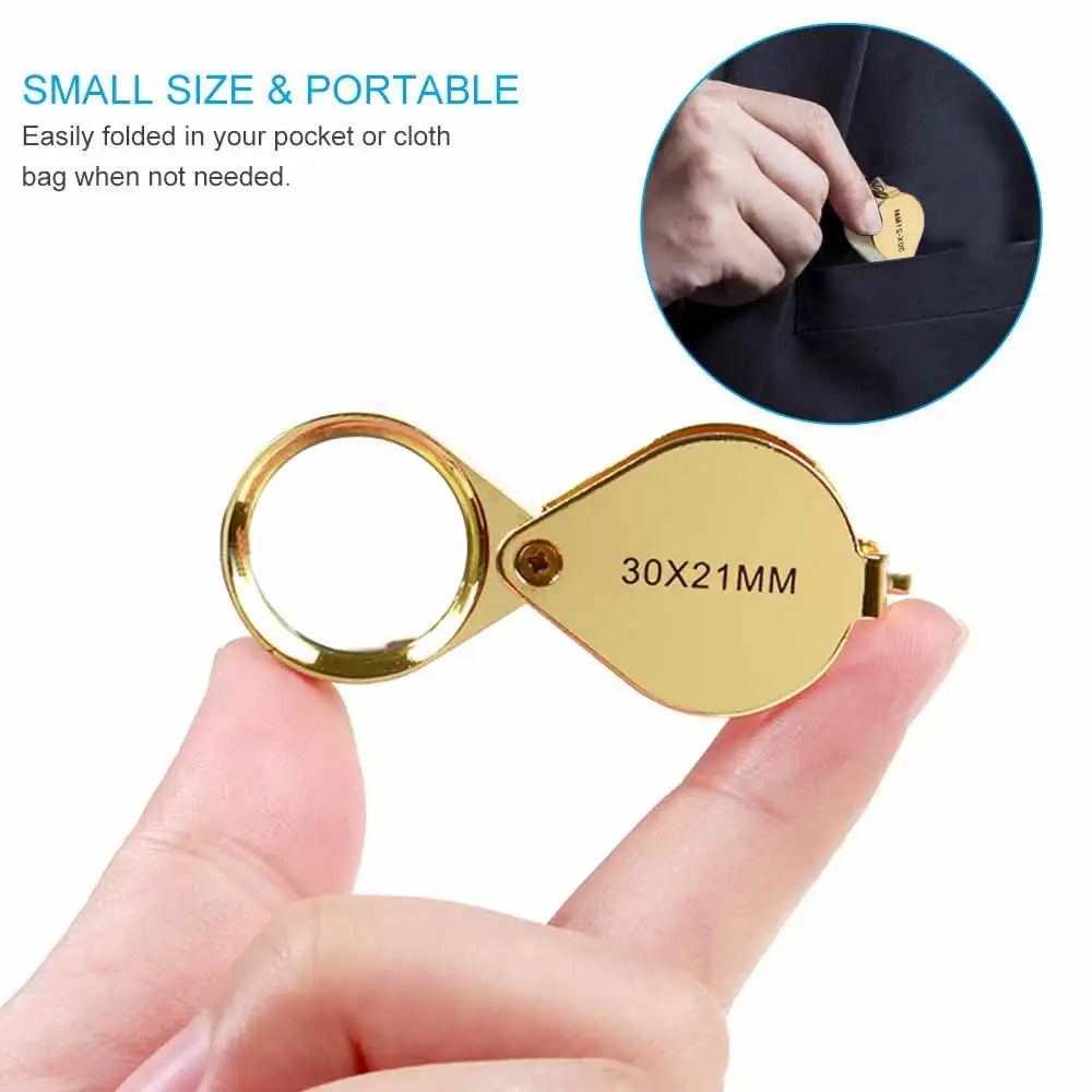 30X Mini Folding Jewellery Magnifying Glass – Portable Triplet Loupe for Diamond and Gemstone Inspection