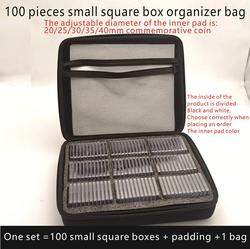 Zippered Black Bag with 100 Square Coin Capsules – Adjustable Inner Ring Collection Box