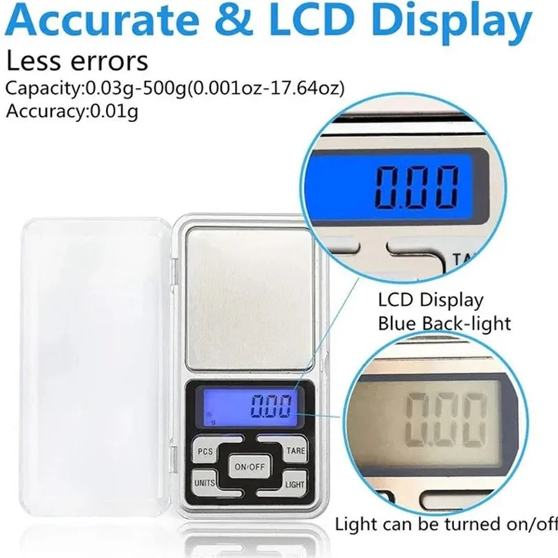 Electronic Digital Pocket Scale – 0.01g Precision Mini Jewelry Weighing Scale with Backlight Display for Kitchen (100g/200g/300g/500g Capacity)